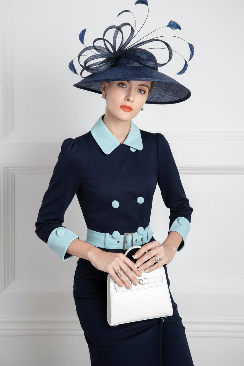 Navy blue contrast belted mother other bride dress-2