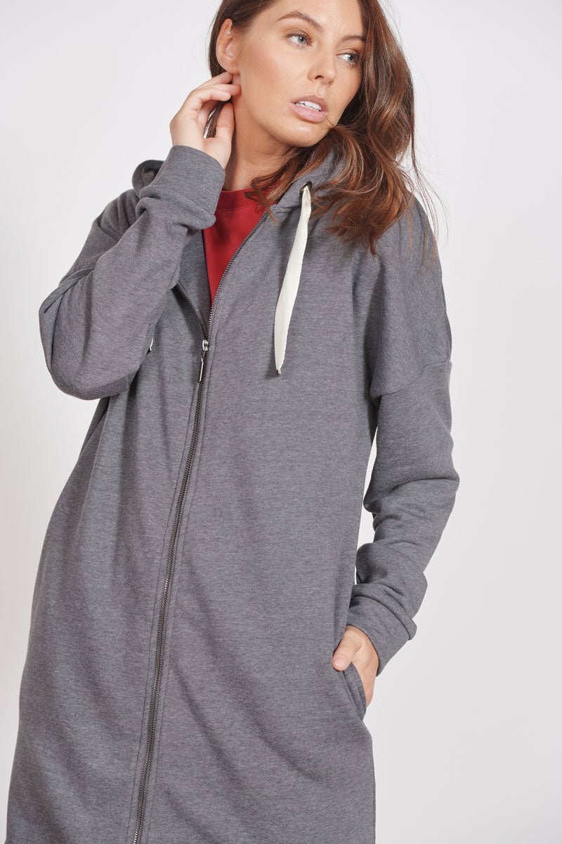 Lottie Grey Marl Loungewear Longline Zip Through Hooded Sweater